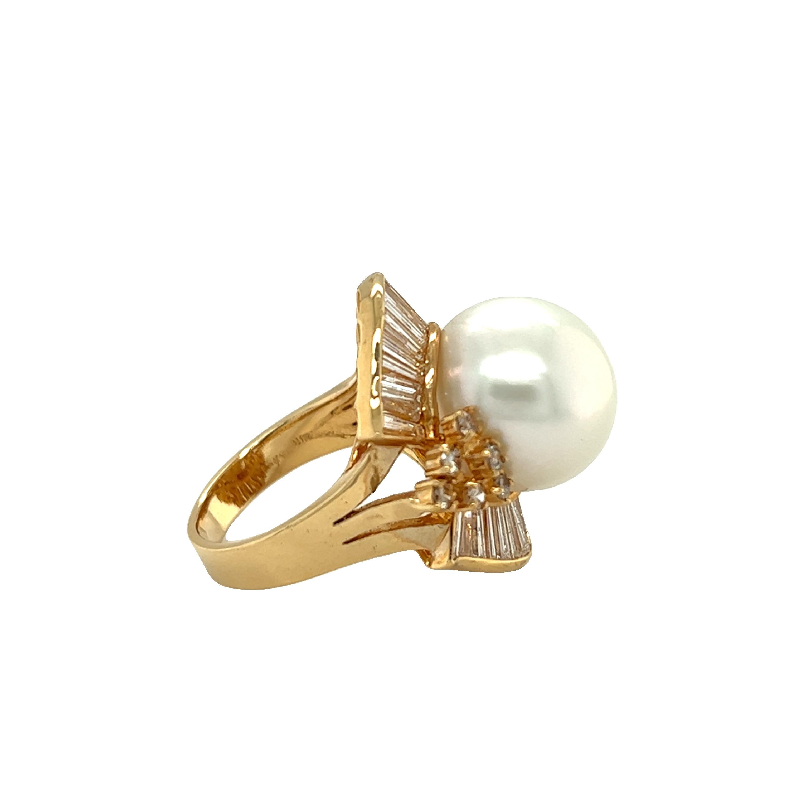 Round Cut Pearl and Diamond Ballerina Ring 14k Yellow Gold For Sale