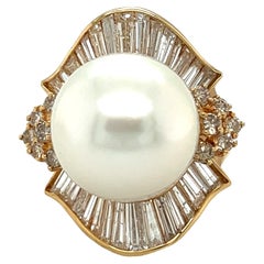 Retro Pearl and Diamond Ballerina Ring 14k Yellow Gold