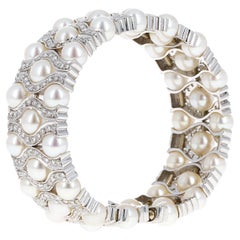 Pearl and Diamond Bangle Cuff Bracelet 18 Karat White Gold 