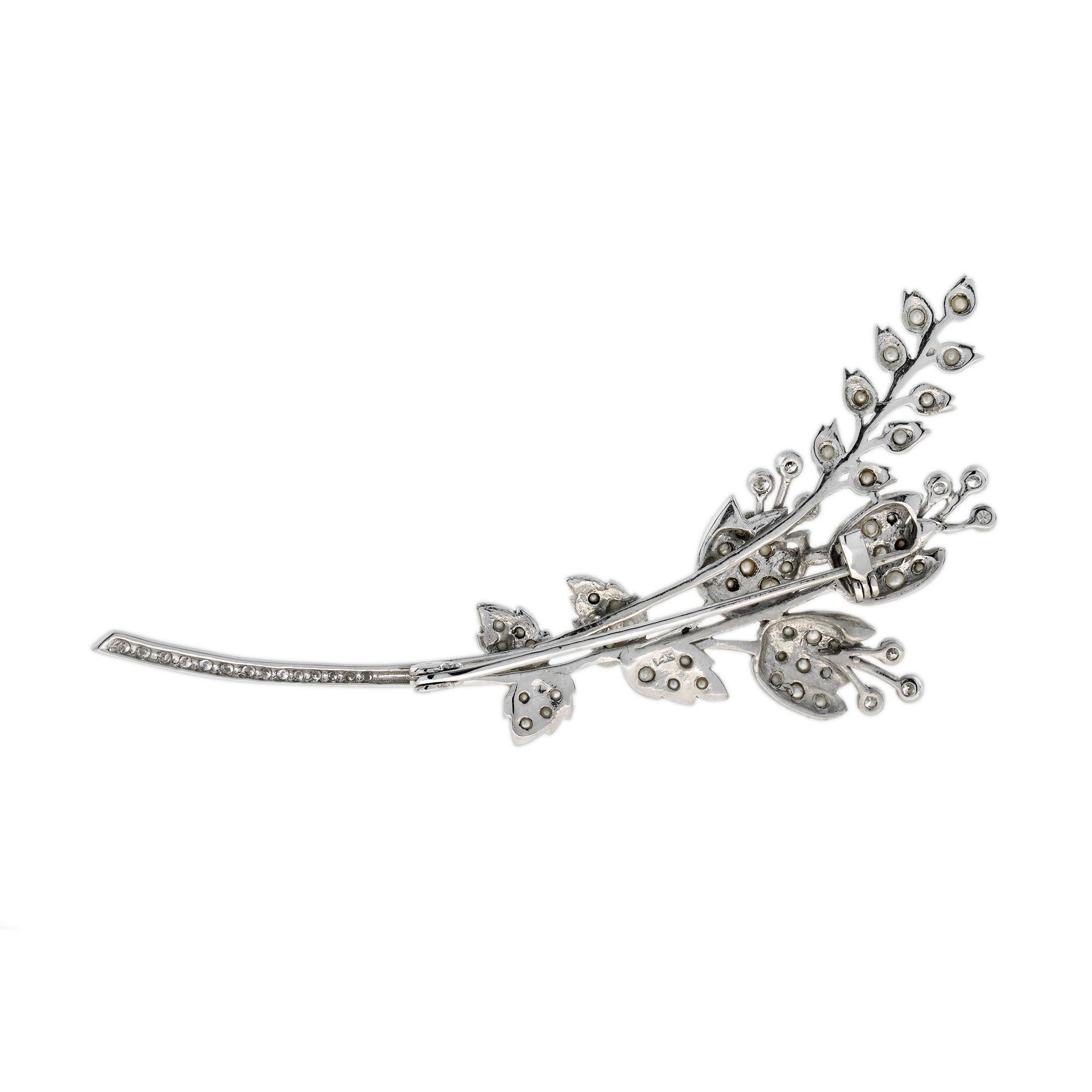 Round Cut Pearl and Diamond Bouquet Brooch in 14K White Gold  For Sale