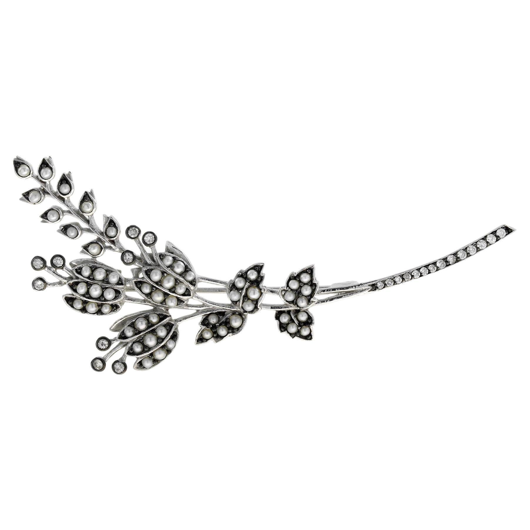 Pearl and Diamond Bouquet Brooch in 14K White Gold  For Sale