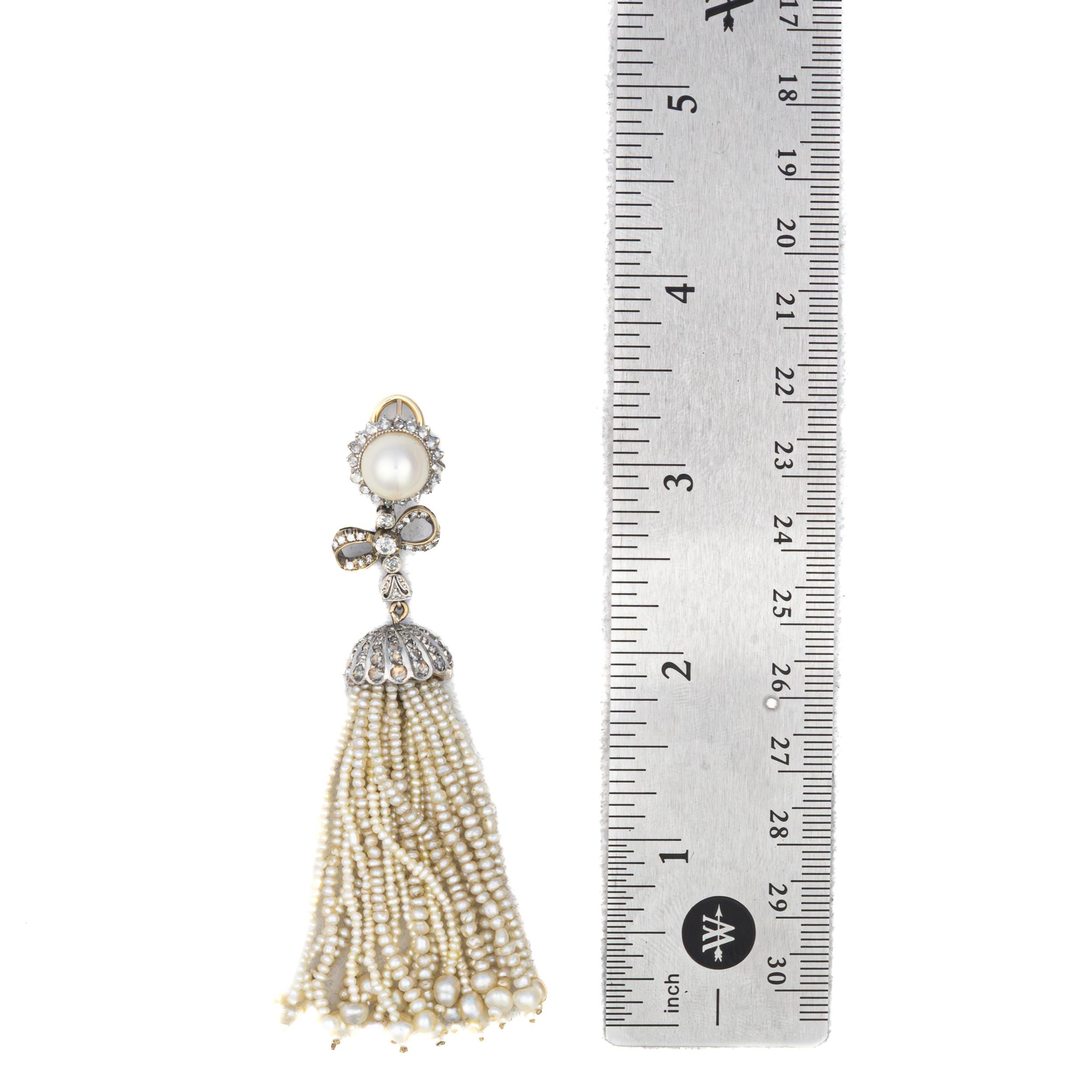 Perlen- und Diamantschleifen-Ohrringe mit Quaste (Brillantschliff) im Angebot