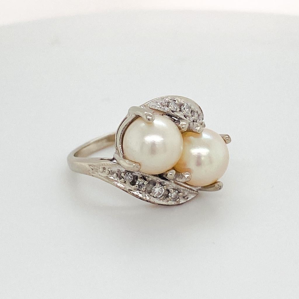 Round Cut Pearl and Diamond Bypass Ring Toi et Moi in 14K White Gold Vintage Circa 1960