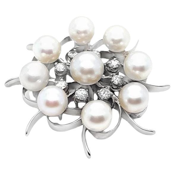 Pearl and Diamond Circle Pin in White Gold For Sale