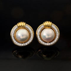 Pearl and Diamond Circular 18K Yellow God Gold Earrings