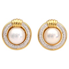 Pearl and Diamond Circular 18K Yellow God Gold Earrings