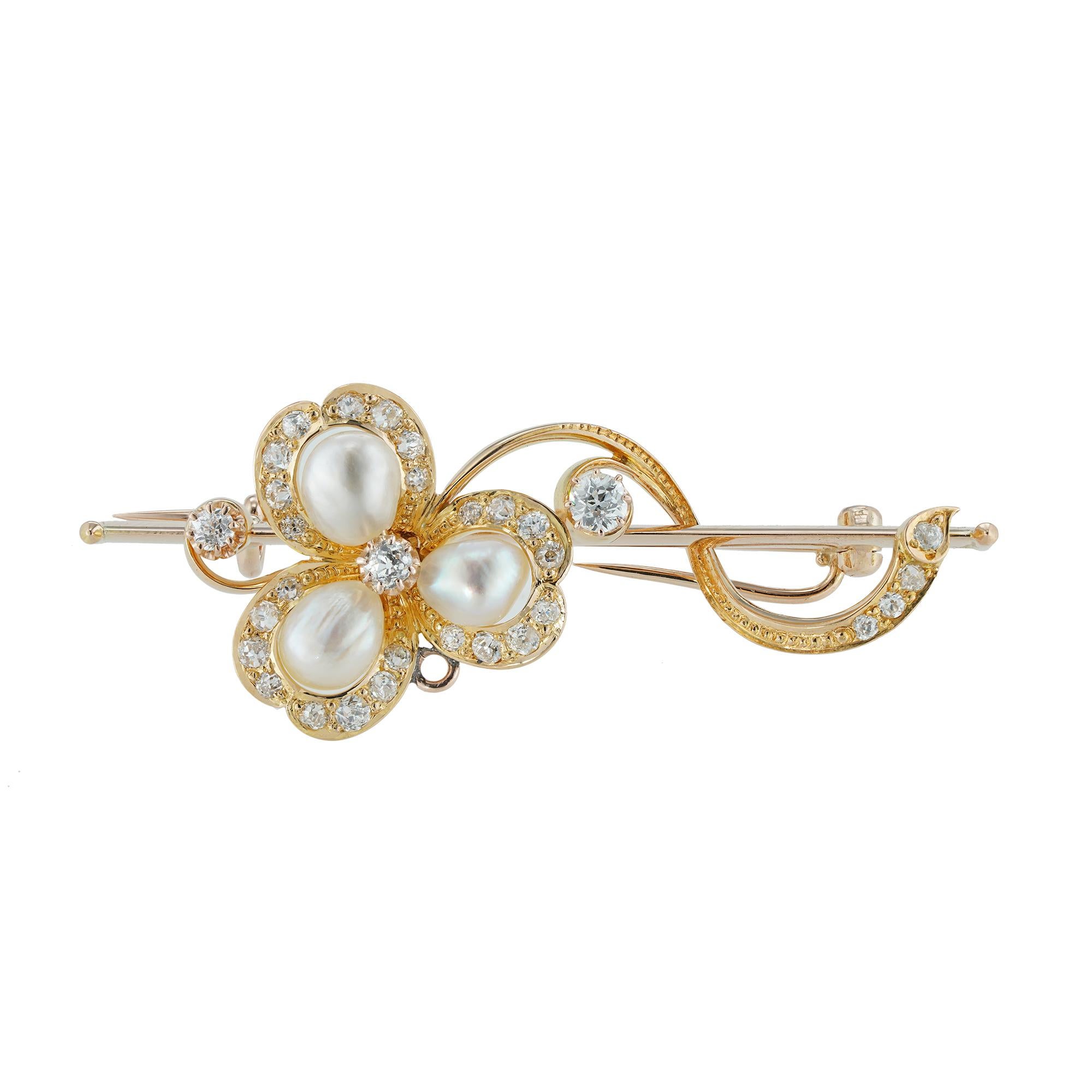 Victorian Pearl and Diamond Clover Brooch For Sale