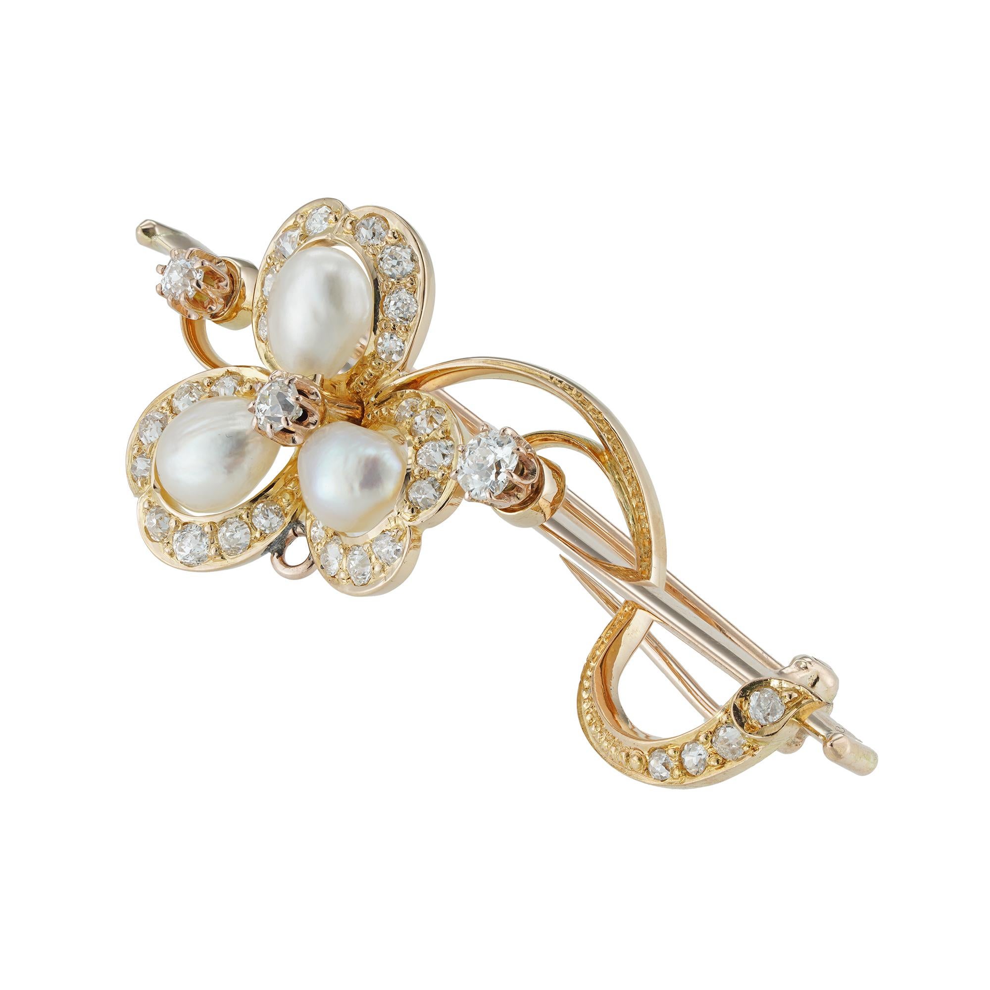Old European Cut Pearl and Diamond Clover Brooch For Sale