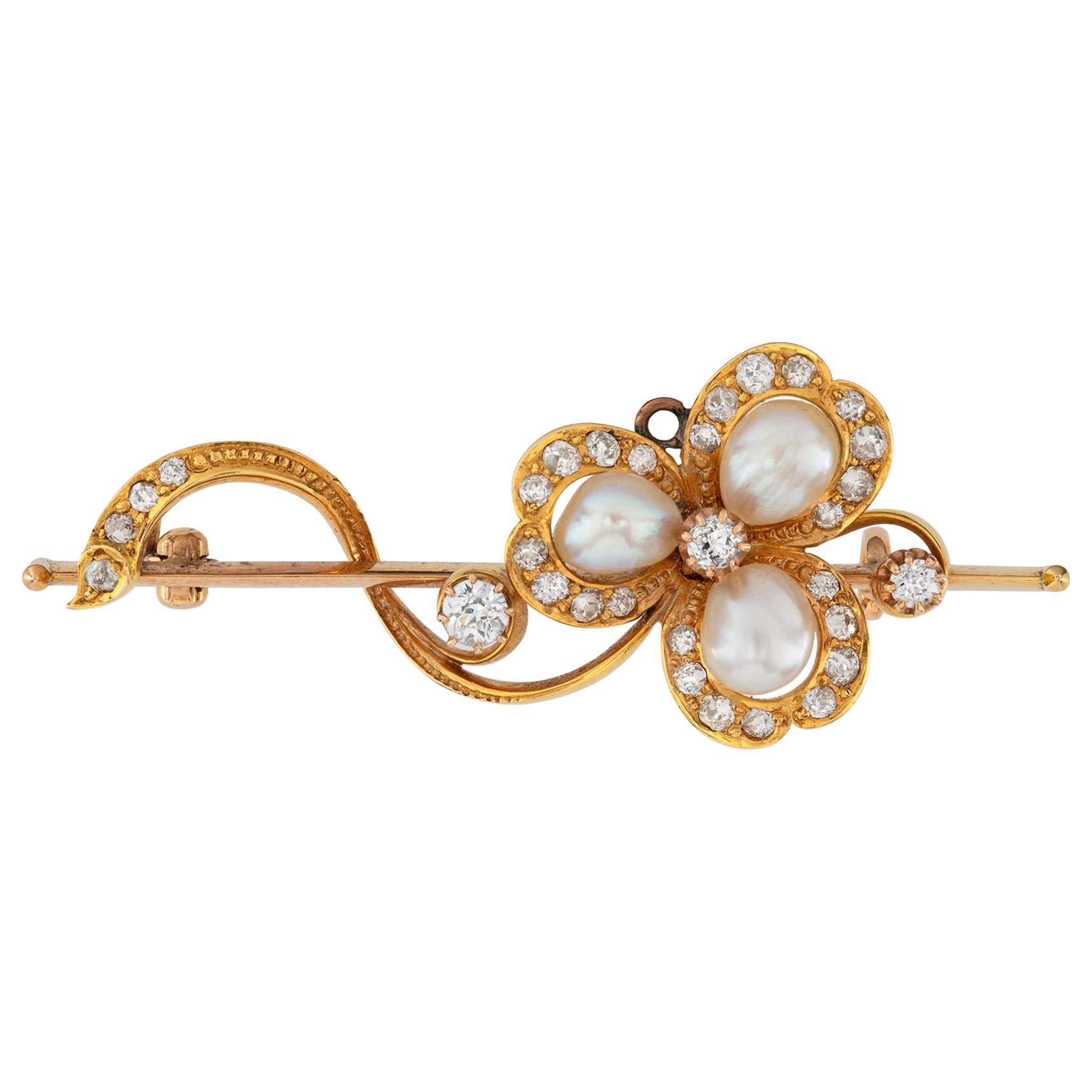 Pearl and Diamond Clover Brooch For Sale