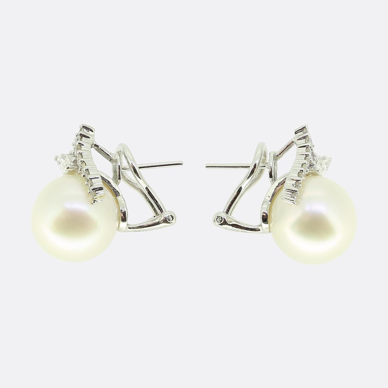 Round Cut Pearl and Diamond Cluster Earrings For Sale