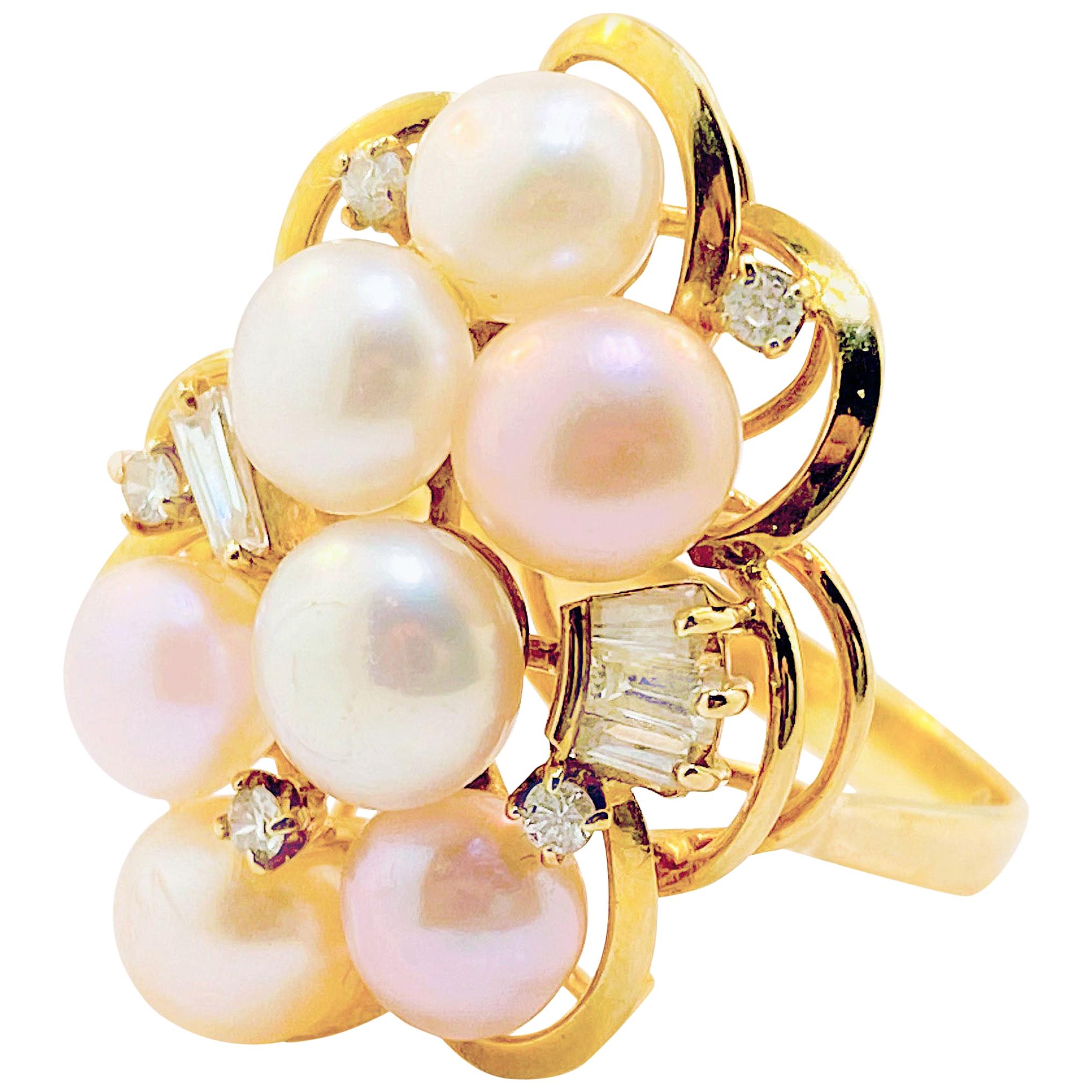 Pearl and Diamond Cluster Ring 14 Karat Yellow Gold Cultured Pearls and Diamonds