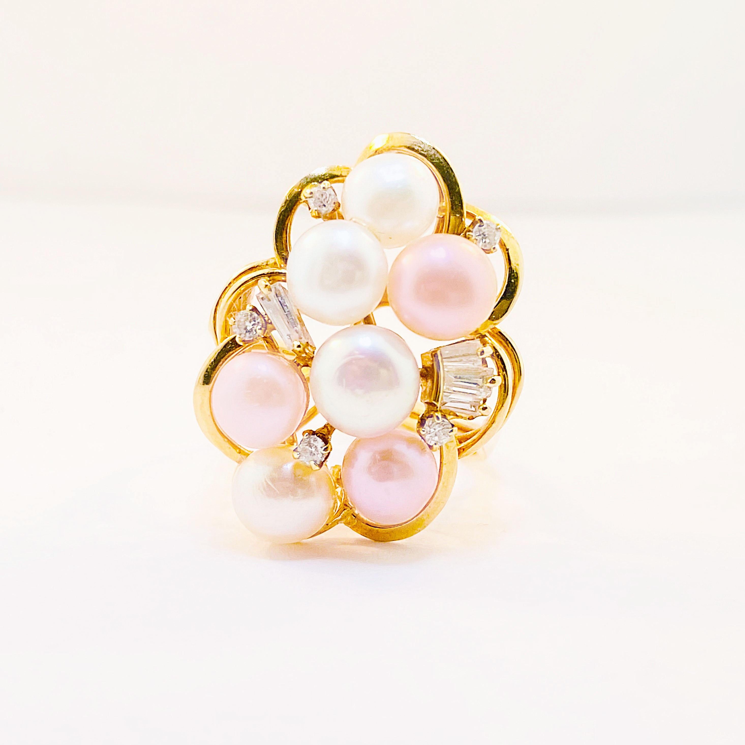 Genuine Cultured Pearl and Natural Diamond Cocktail Ring! This special piece is a fine jewelry item with natural, round brilliant diamonds and natural, baguette diamonds paired perfectly with genuine, cultured pearls that have gorgeous rose and