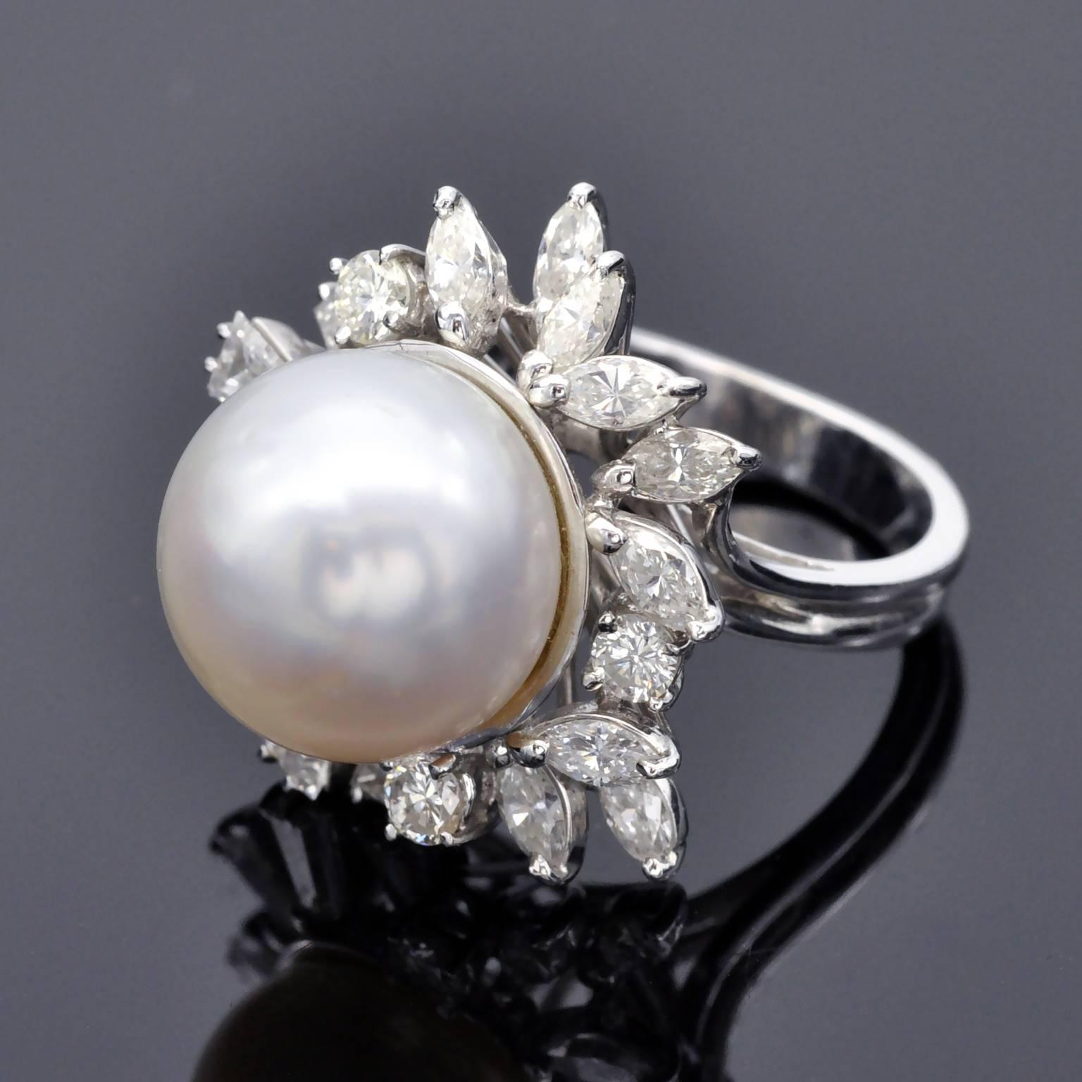 Marquise Cut Pearl and Diamond Cocktail Gold Ring