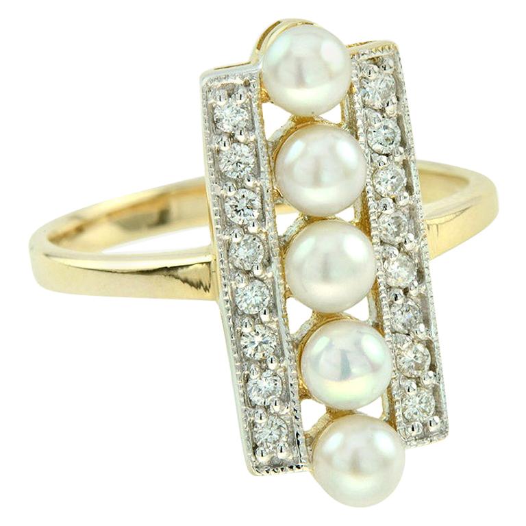 Pearl and Diamond Five Stone Ring in 10K Yellow Gold For Sale
