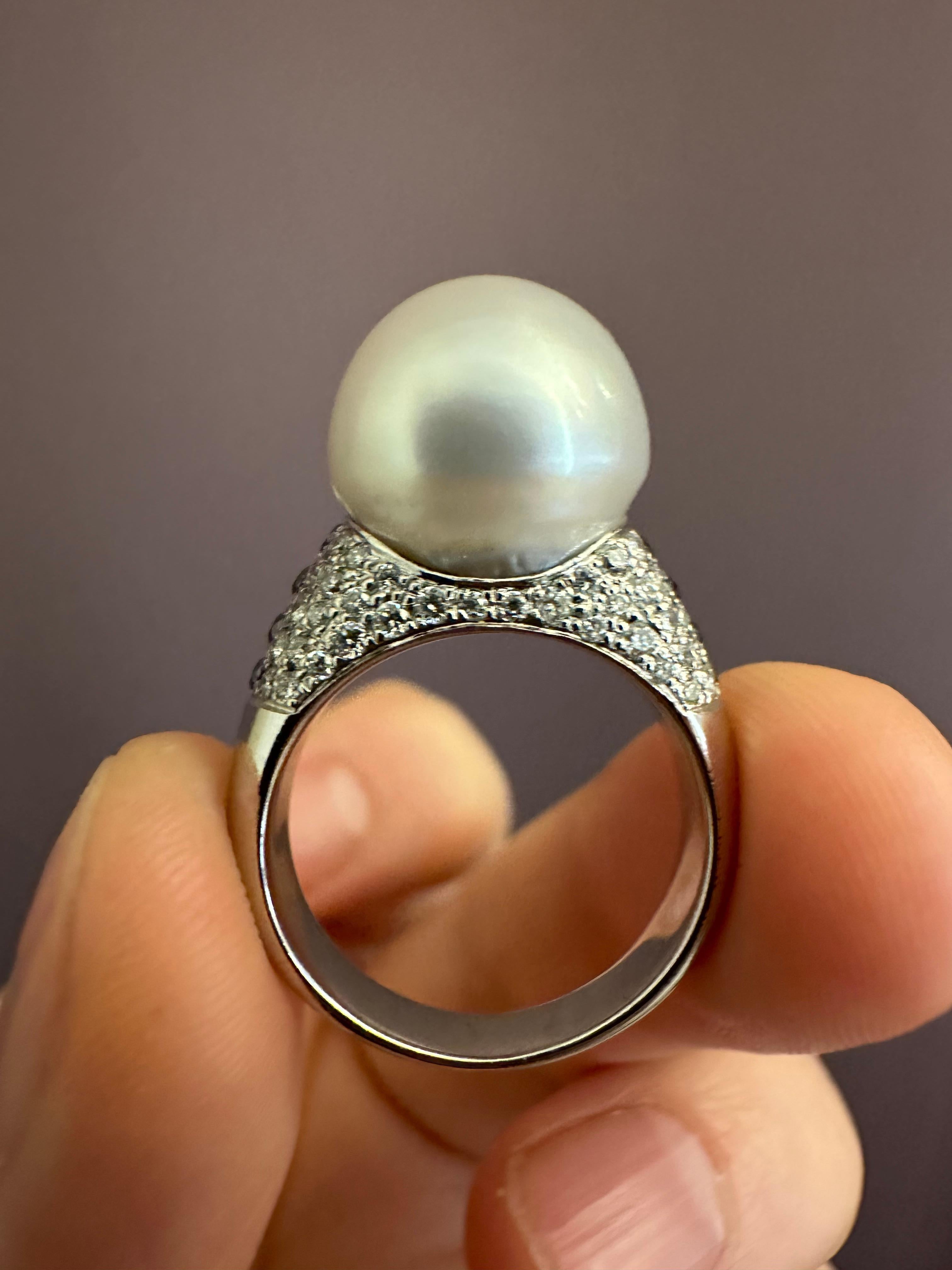 Contemporary Pearl and Diamond Cocktail Ring set in Platinum For Sale