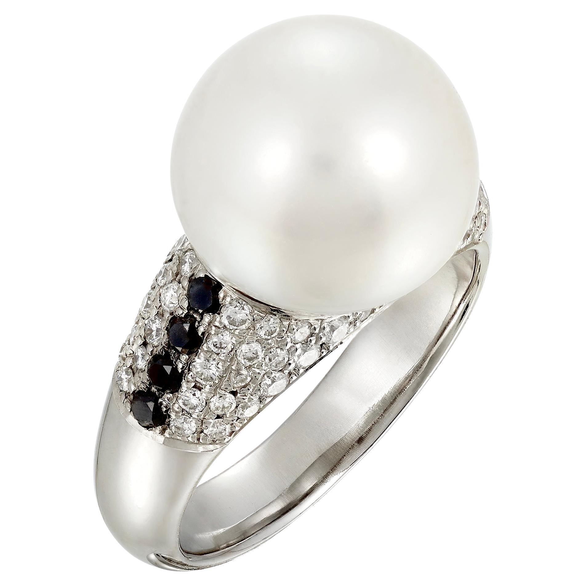 Pearl and Diamond Cocktail Ring set in Platinum For Sale