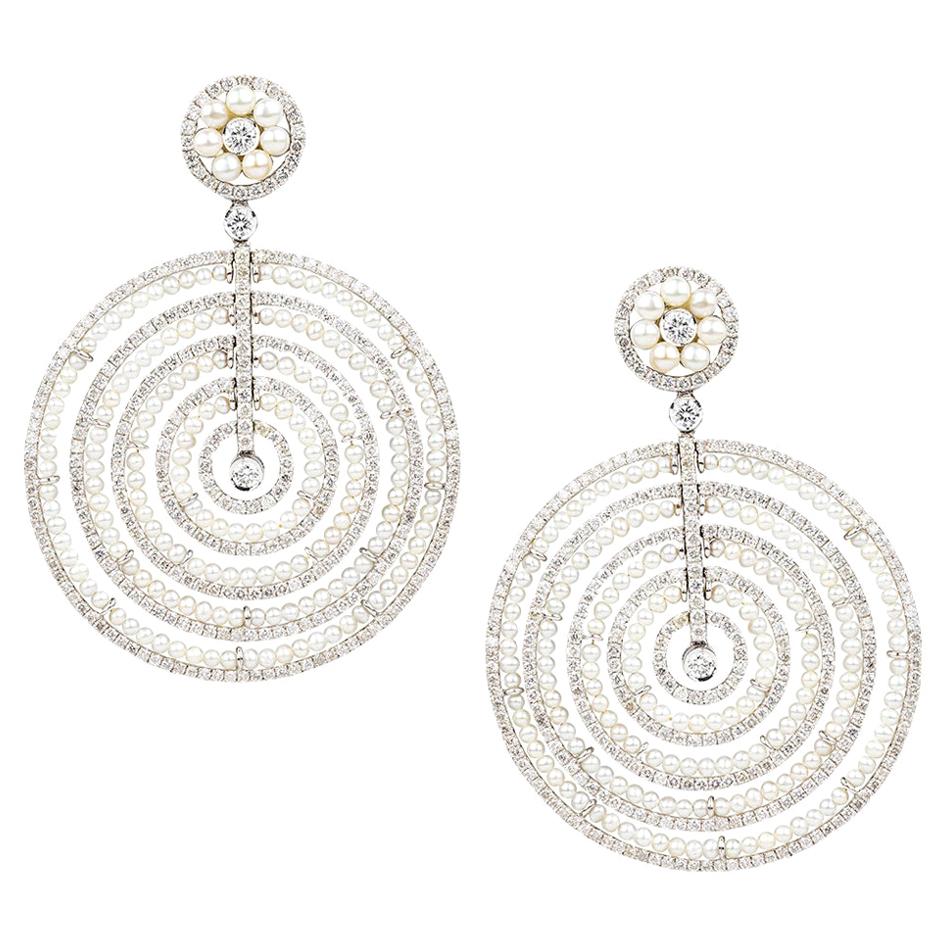 Pearl and Diamond Concentric Circle Earpendants by Umrao