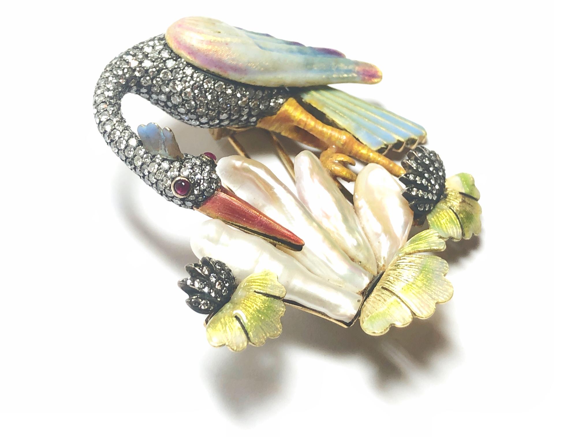 Brilliant Cut Pearl and Diamond Crane Bird Brooch