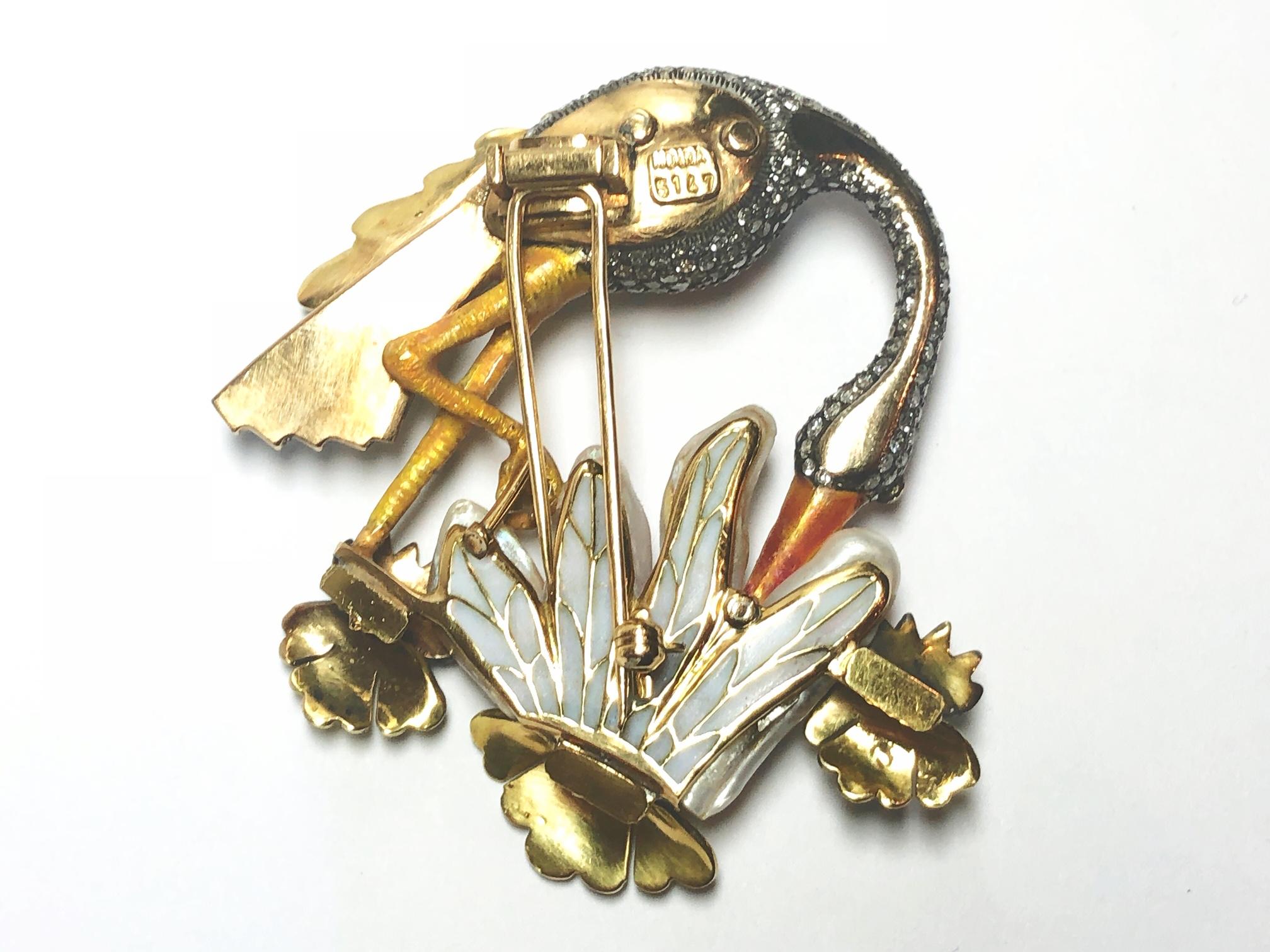 Pearl and Diamond Crane Bird Brooch In Excellent Condition In London, GB