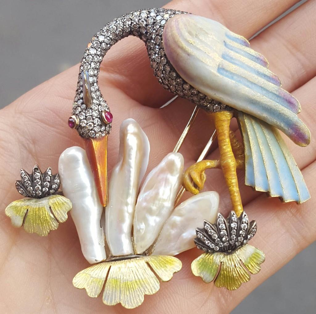 Women's Pearl and Diamond Crane Bird Brooch