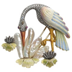 Pearl and Diamond Crane Bird Brooch
