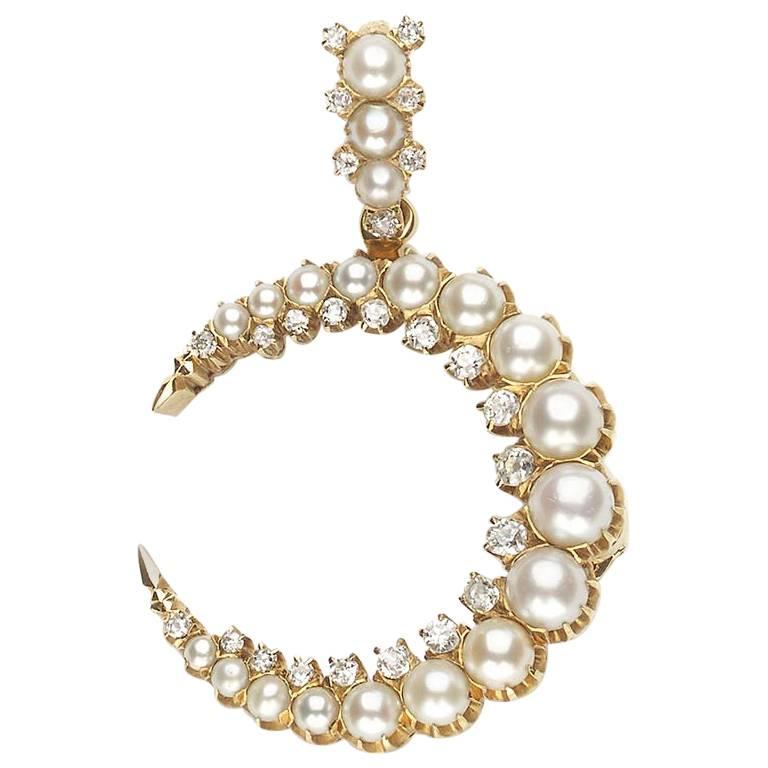 Pearl and Diamond Crescent Pendant Brooch