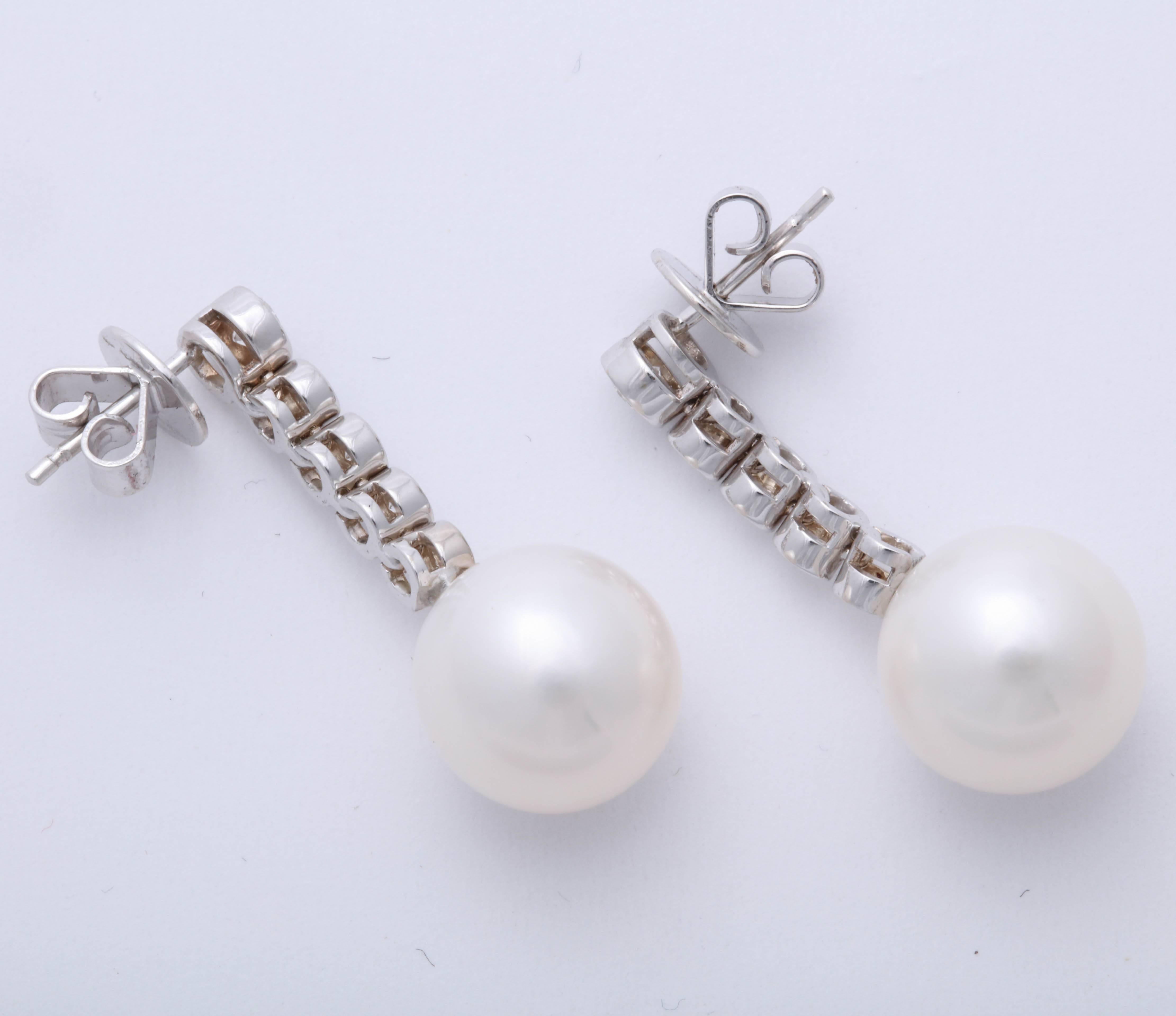 Women's or Men's Pearl and Diamond Dangle Earrings