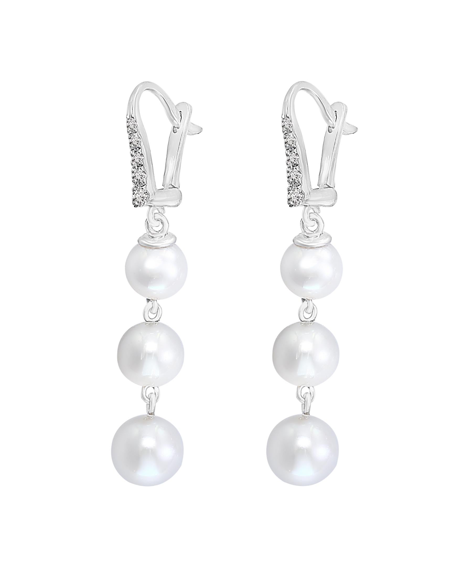Contemporary Cultured Pearl and Diamond Dangle Earrings in 14 Karat White Gold