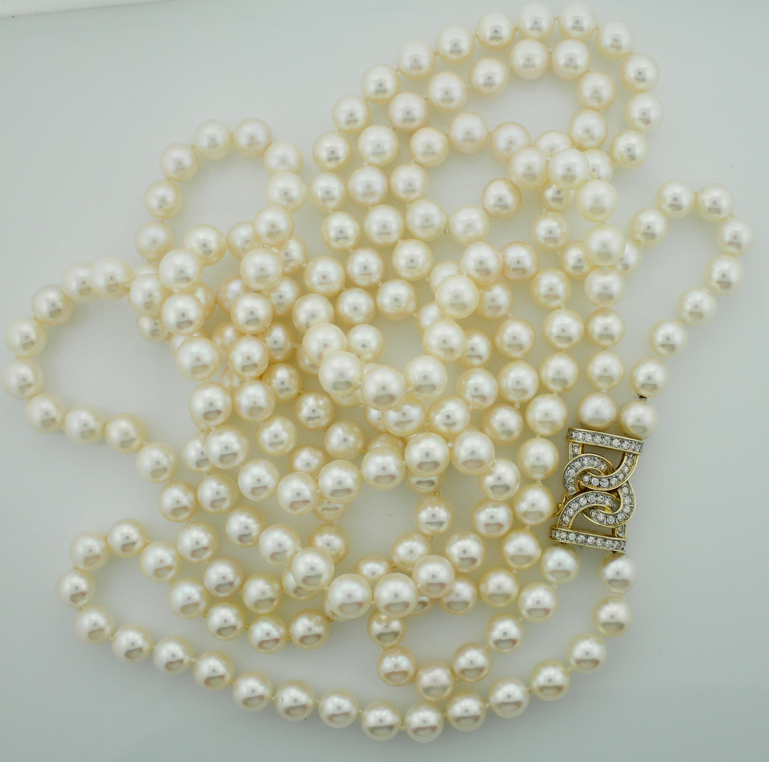 Pearl and Diamond Double Opera Length Necklace in Yellow Gold In Excellent Condition For Sale In Wailea, HI