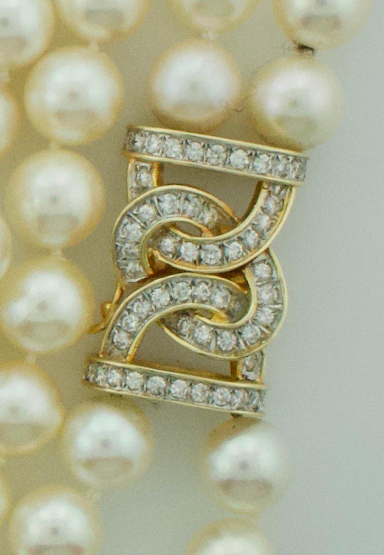 da uomo o donna Collana con perle e diamanti a doppia lunghezza in oro giallo in vendita