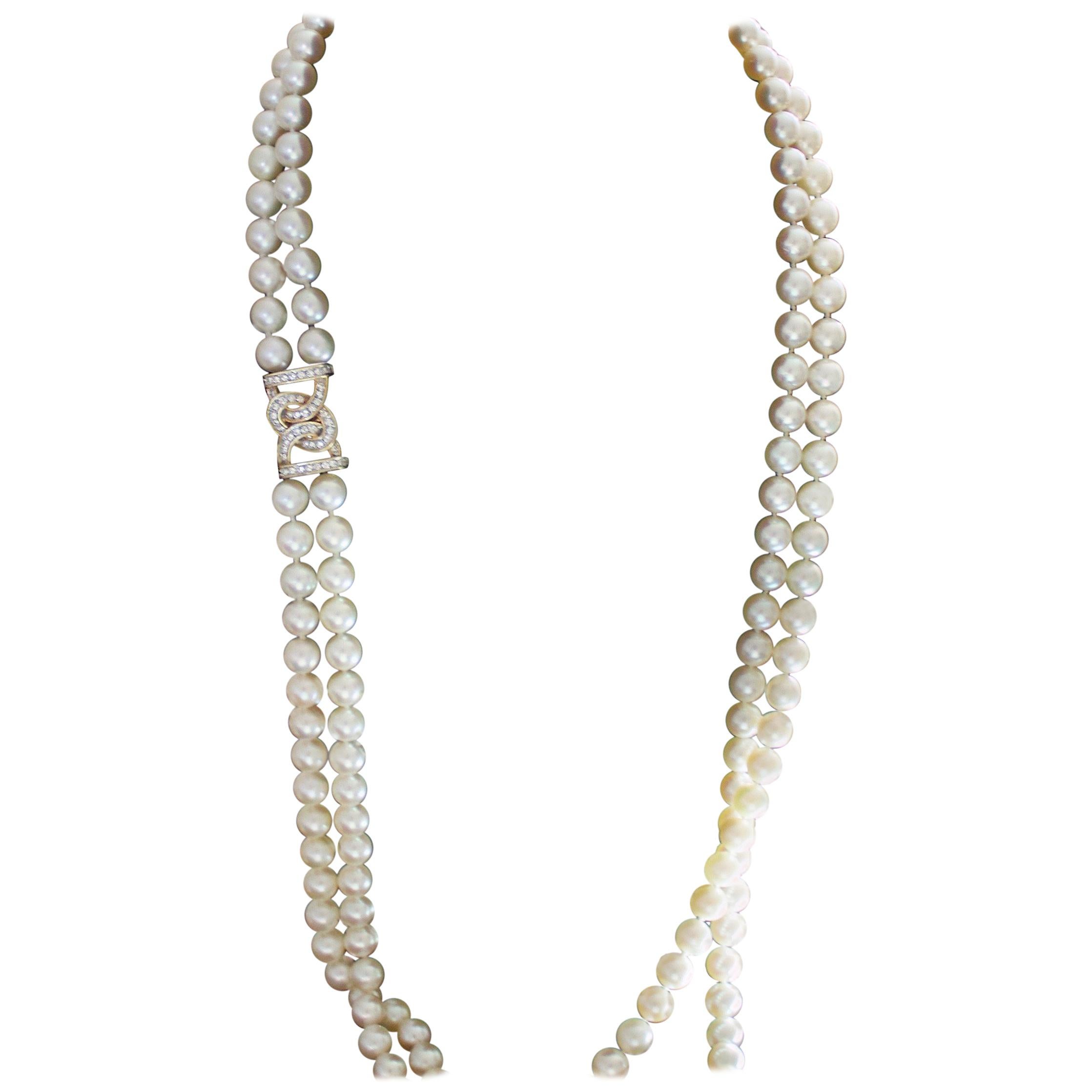 Pearl and Diamond Double Opera Length Necklace in Yellow Gold For Sale