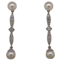 Pearl and Diamond Drop Art Deco Style Earrings 18 Karat White Gold