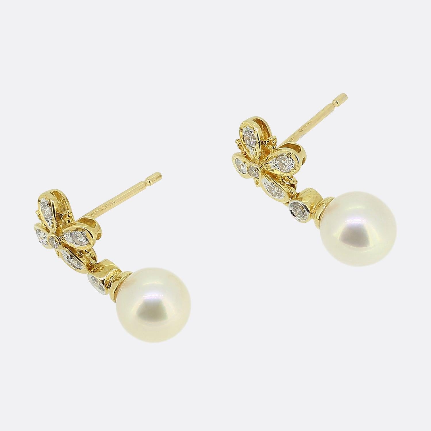 Brilliant Cut Pearl and Diamond Drop Earrings For Sale
