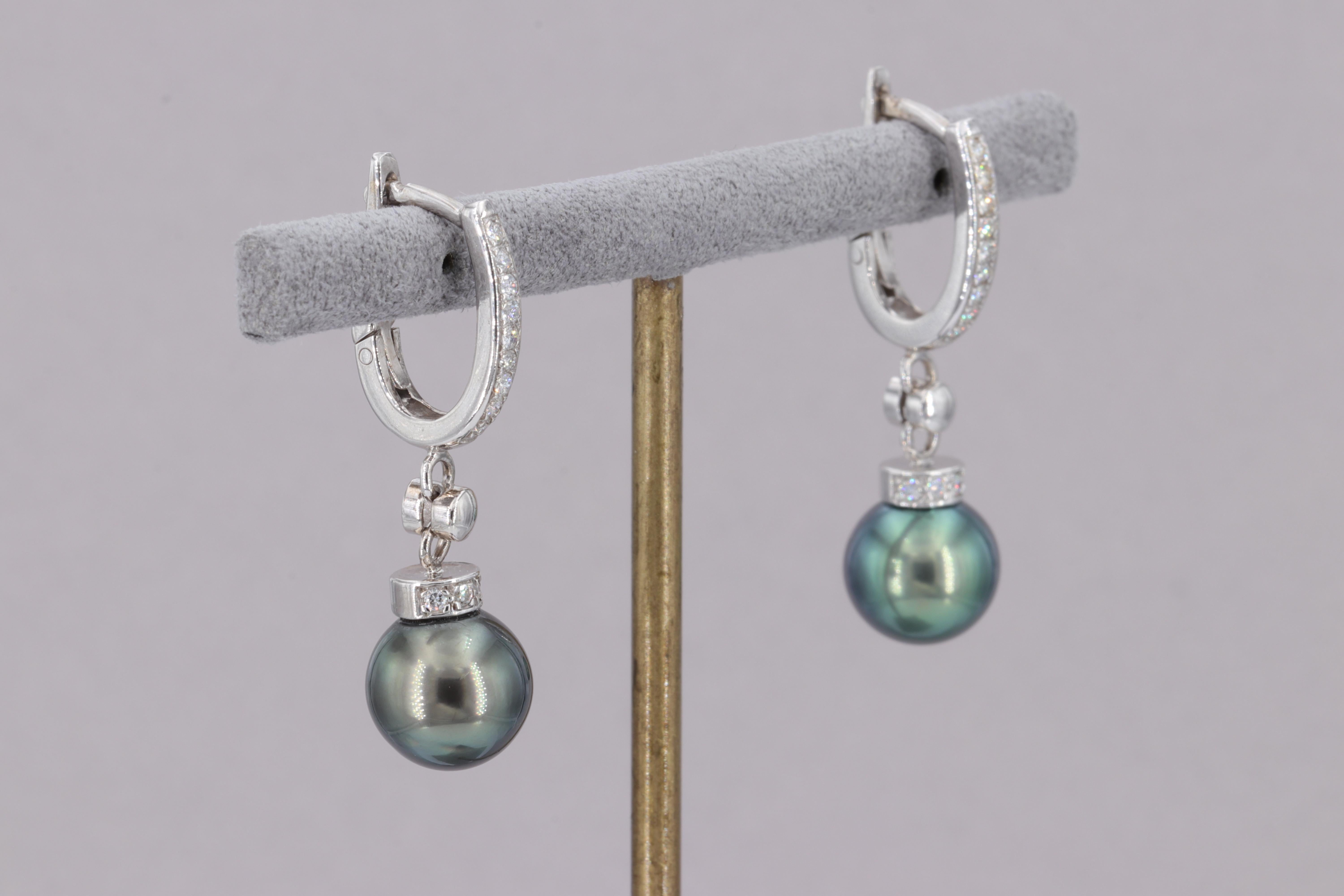 Round Cut Pearl and Diamond Drop Earrings For Sale