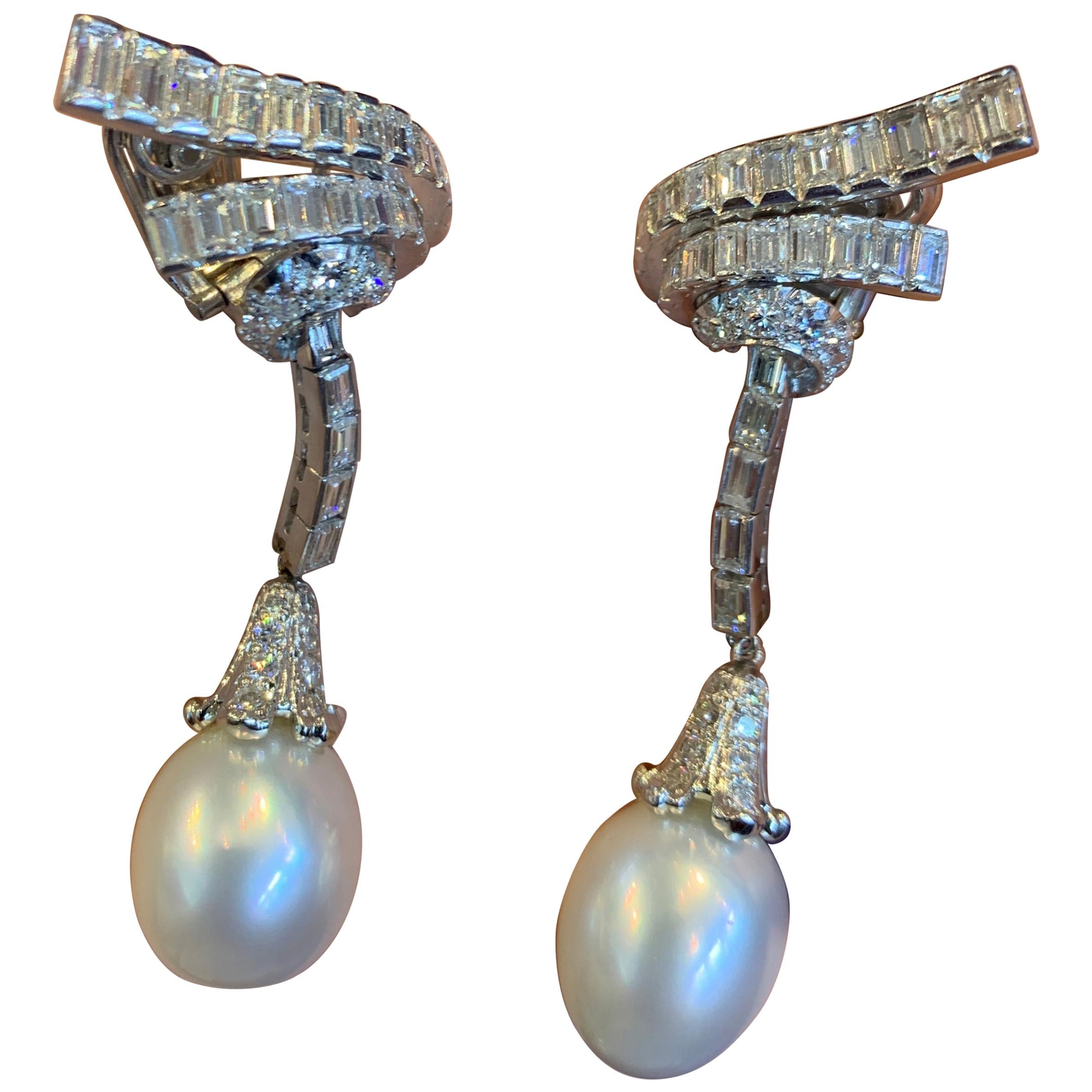 Pearl and Diamond Drop Earrings For Sale