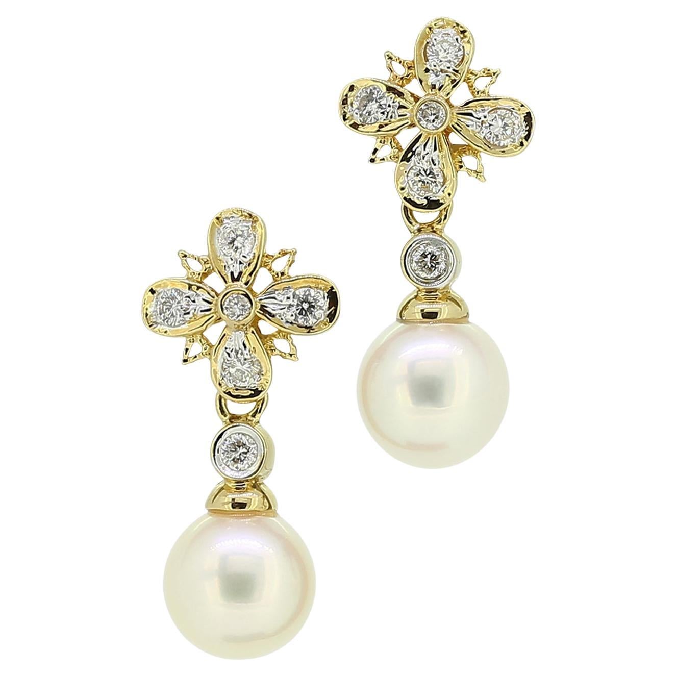Pearl and Diamond Drop Earrings For Sale
