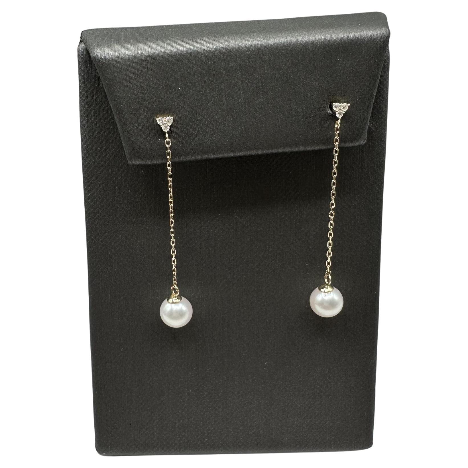Boucles d'oreilles pendantes en or jaune 14kt avec perles et diamants - 0.08ctw, 6.6mm, New