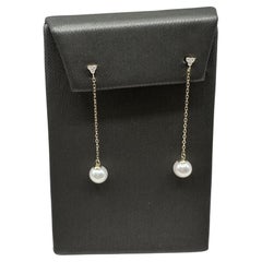 Boucles d'oreilles pendantes en or jaune 14kt avec perles et diamants - 0.08ctw, 6.6mm, New