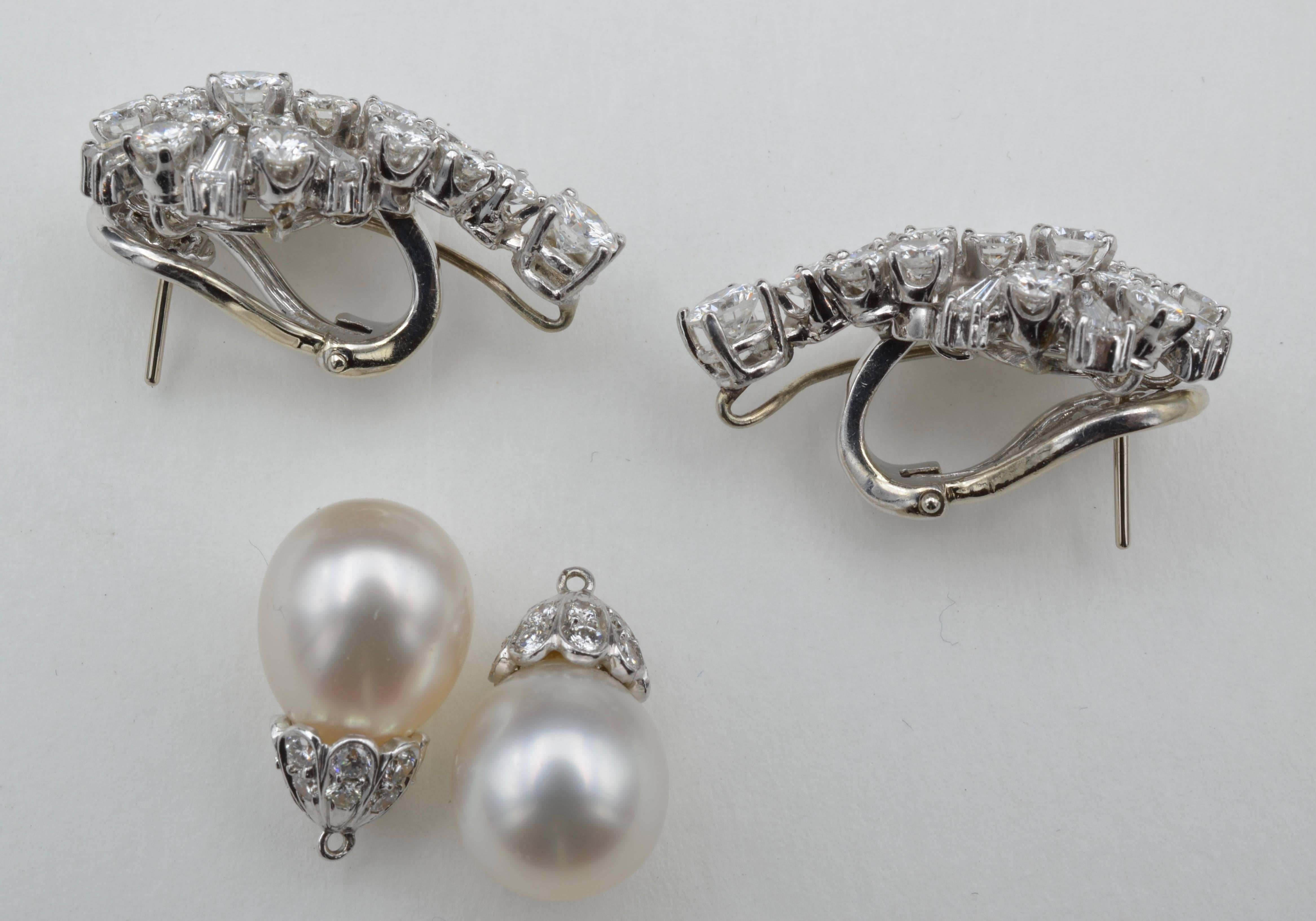 Modern Pearl and Diamond Drop Earrings in White Gold with Removable Pearls