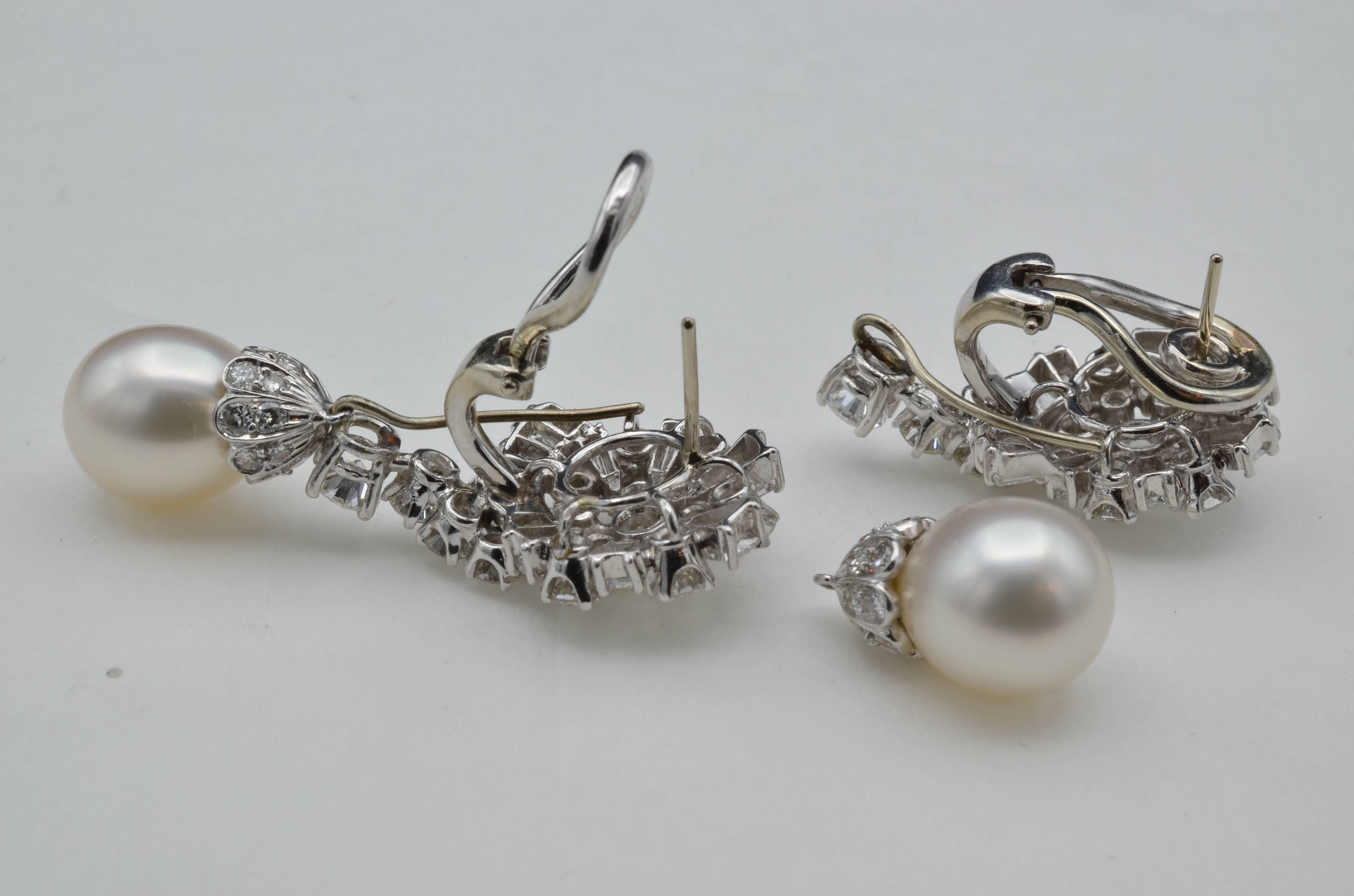 Pearl and Diamond Drop Earrings in White Gold with Removable Pearls In Excellent Condition In Berkeley, CA