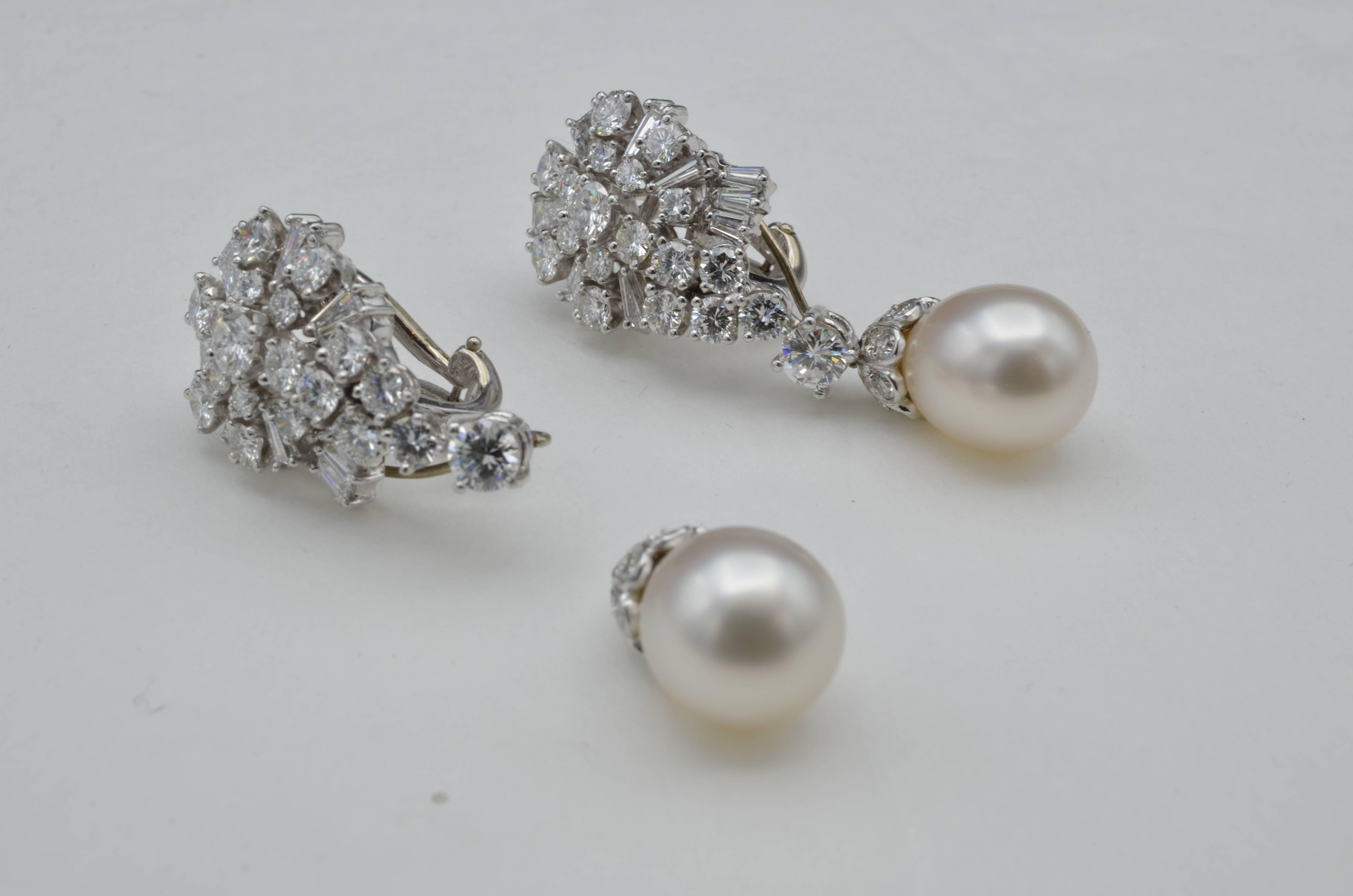 Women's Pearl and Diamond Drop Earrings in White Gold with Removable Pearls