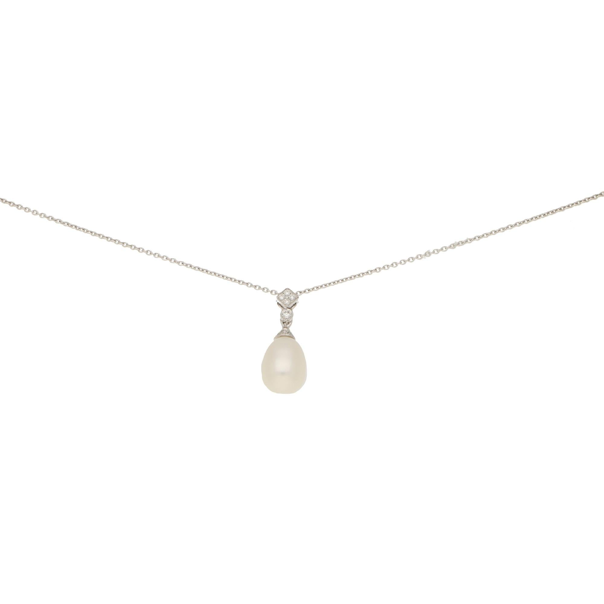 Contemporary  Pearl and Diamond Drop Pendant in 18 Karat White Gold