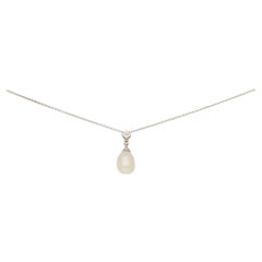  Pearl and Diamond Drop Pendant in 18 Karat White Gold