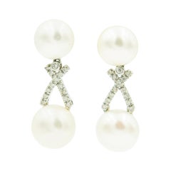 Pearl and Diamond Drop White Gold Earrings