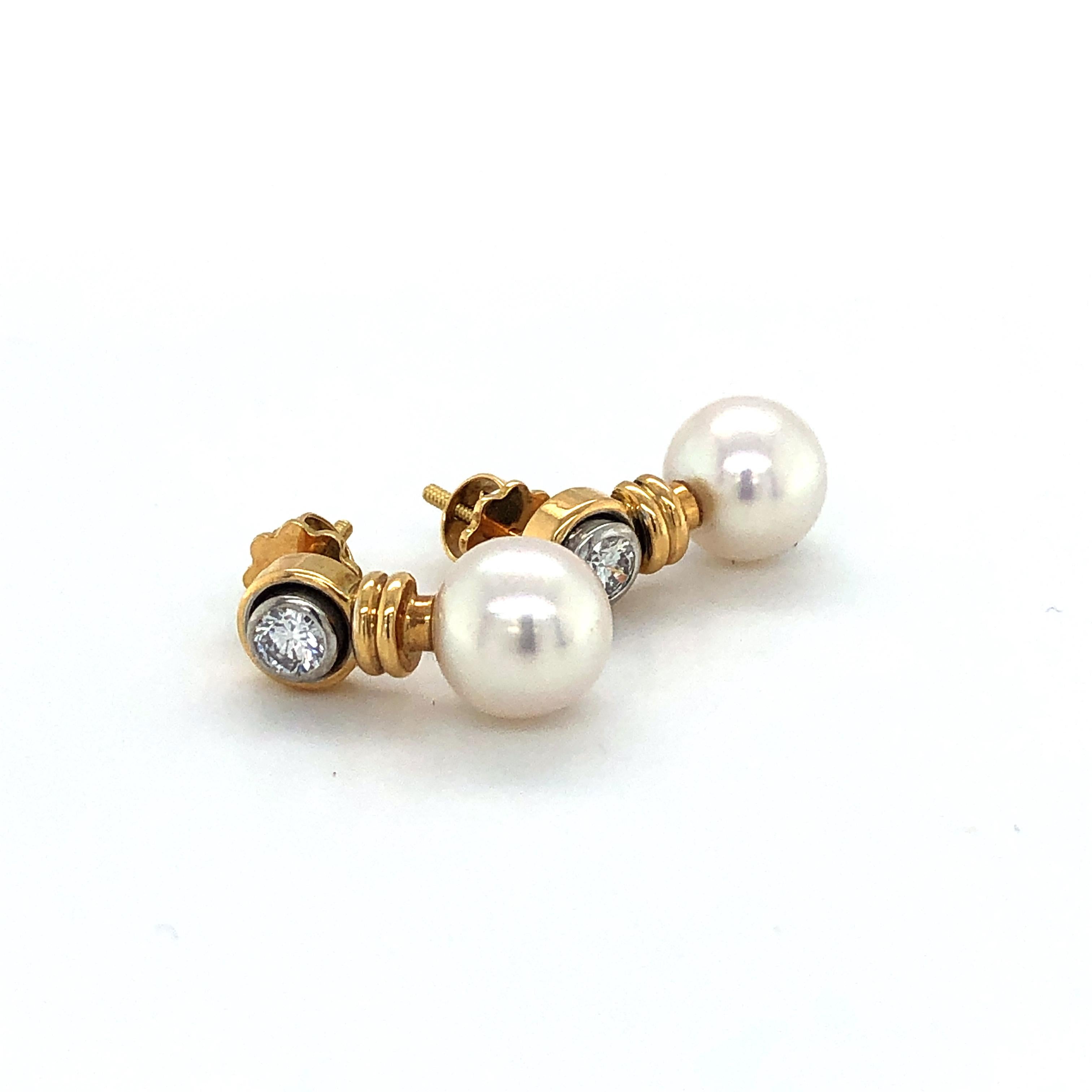 Contemporary Pearl and Diamond Ear Studs in Yellow, and White Gold