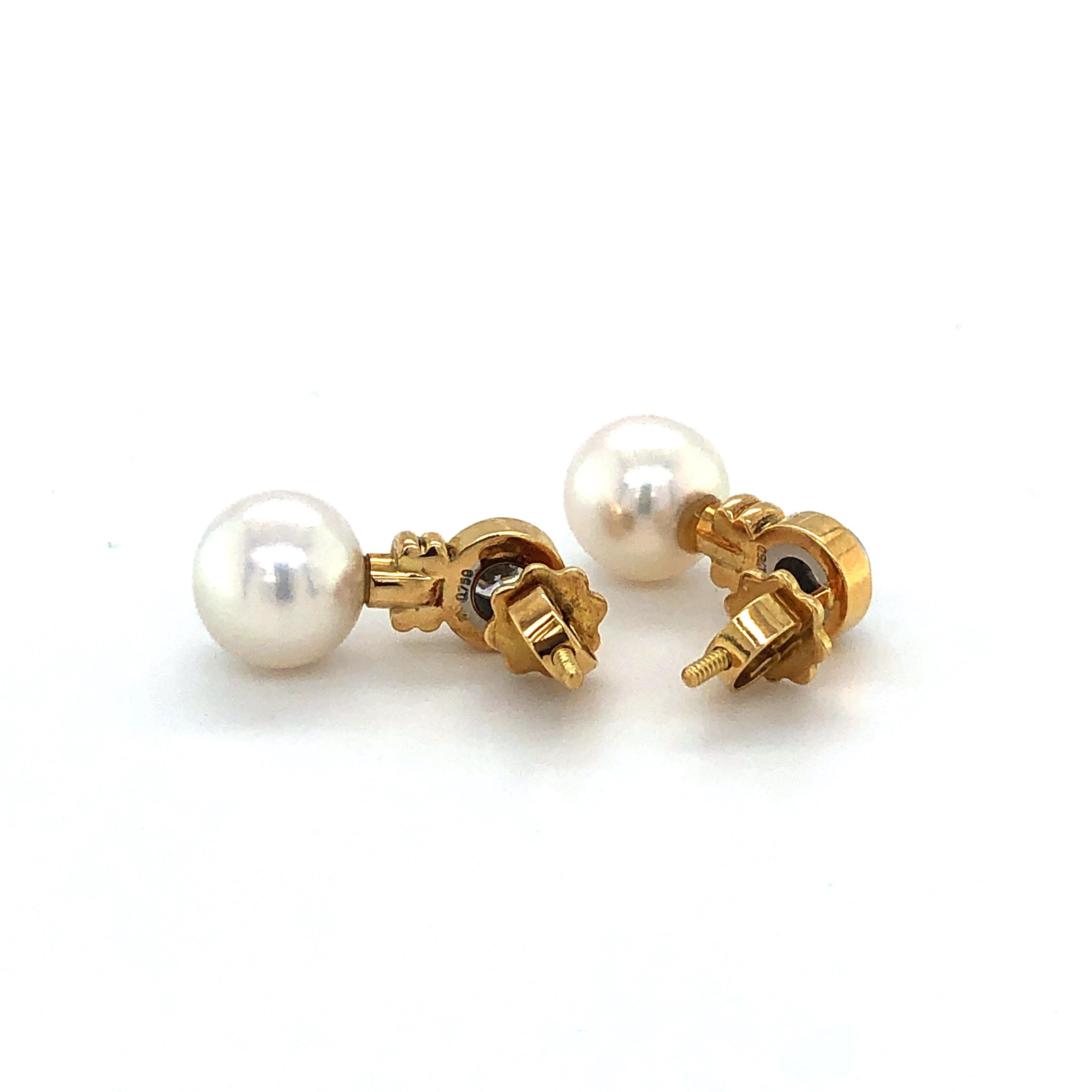 Women's or Men's Pearl and Diamond Ear Studs in Yellow, and White Gold