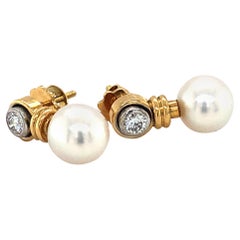 Pearl and Diamond Ear Studs in Yellow, and White Gold