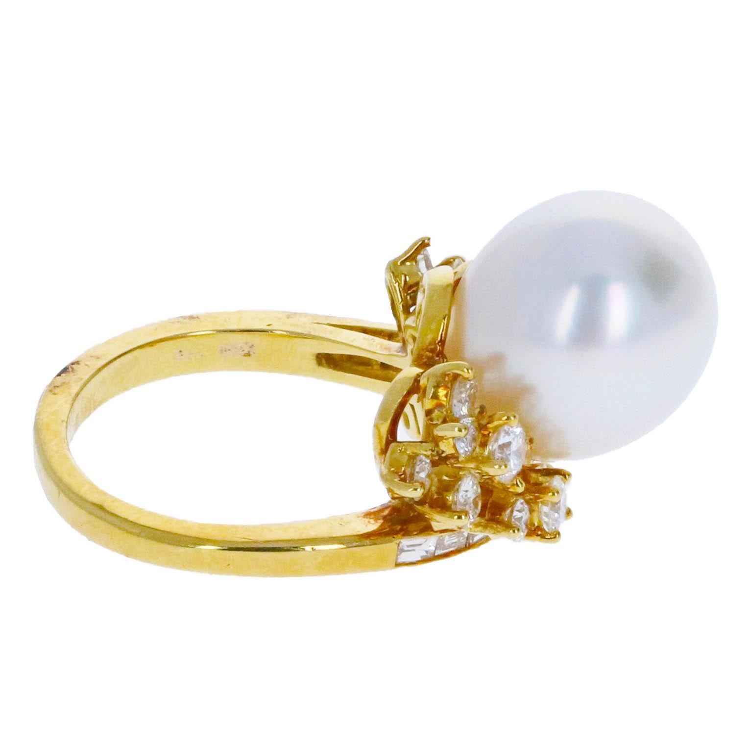Women's or Men's Pearl and Diamond Earrings and Cocktail Ring Set For Sale