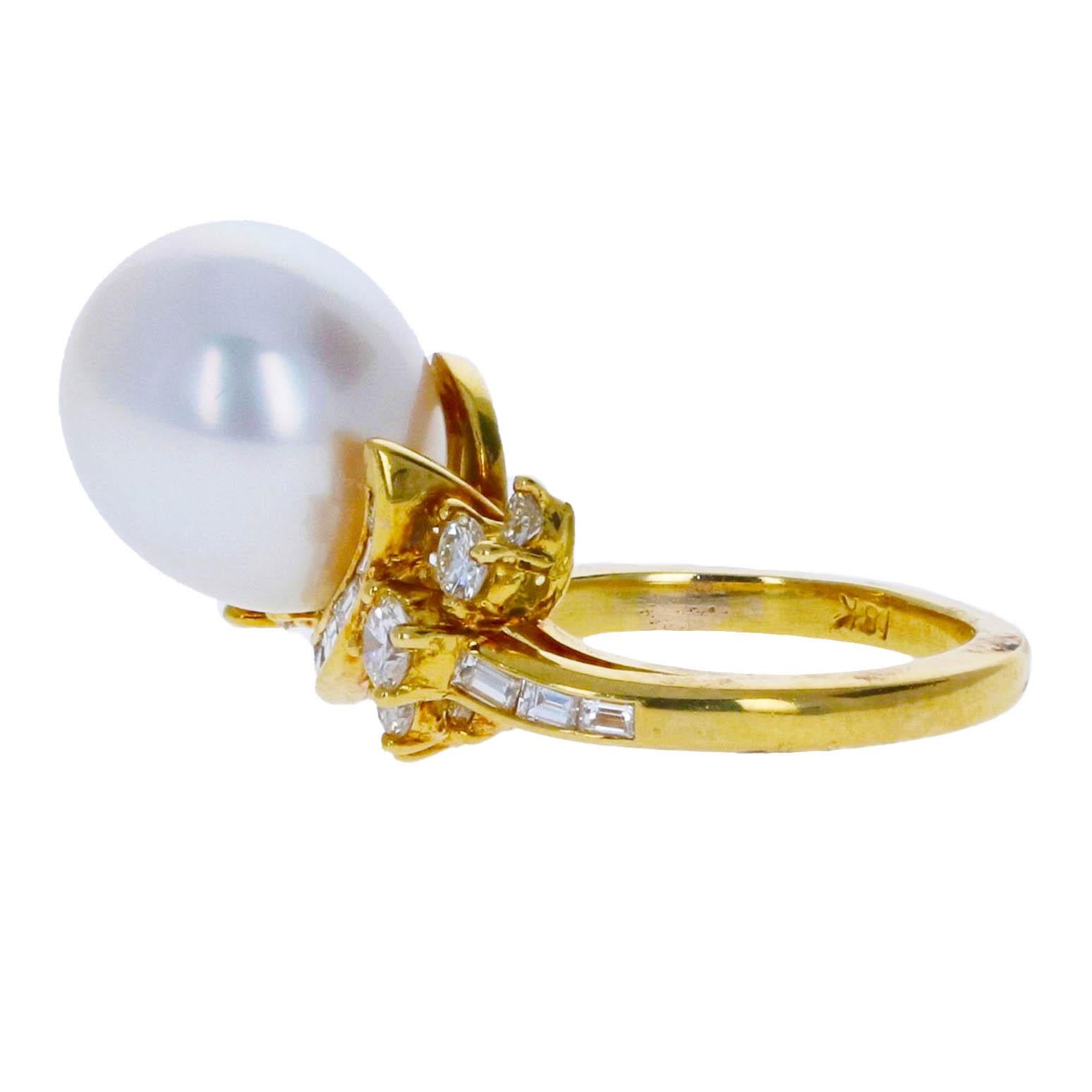 Pearl and Diamond Earrings and Cocktail Ring Set For Sale 1