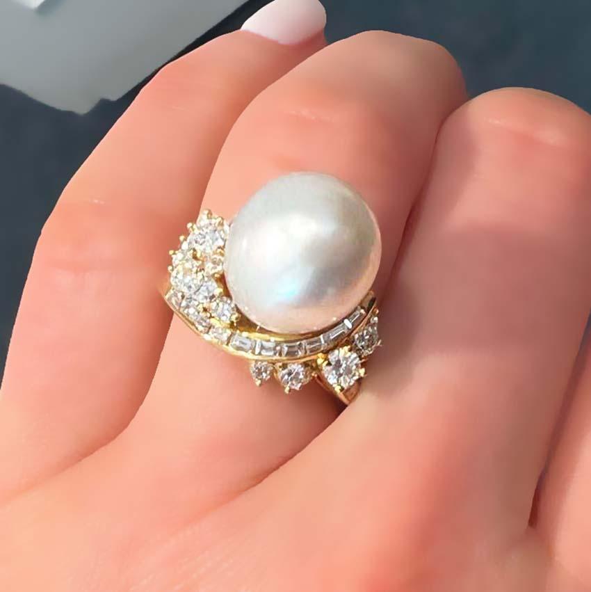 Pearl and Diamond Earrings and Cocktail Ring Set For Sale 2